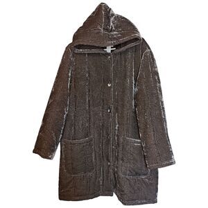 J Jill Coat Womens Large Brown Crushed Velvet Hooded Button Front Long Pockets
